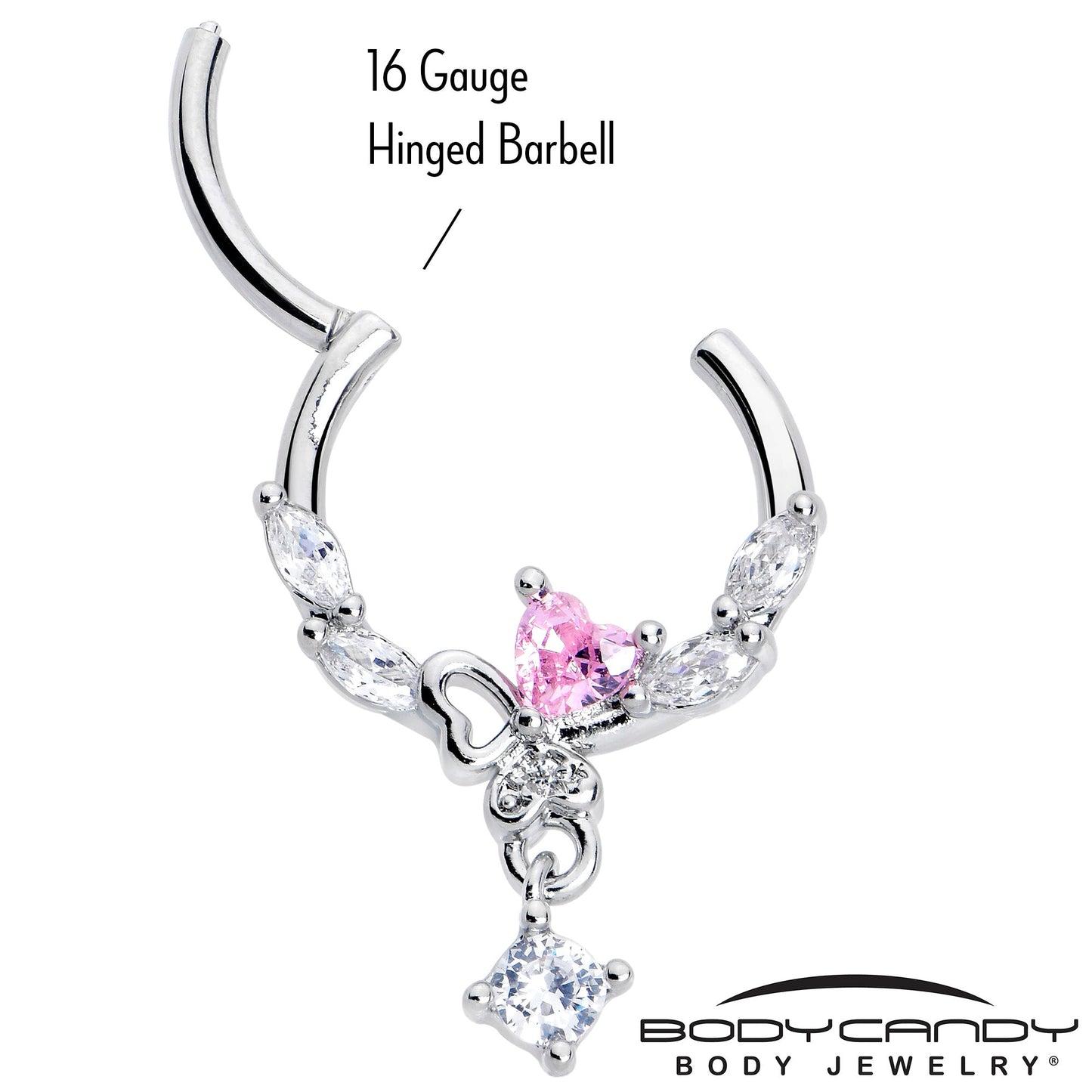 16G 3/8 Pink CZ Gem Butterfly Heart Dangle Hinged Segment Ring