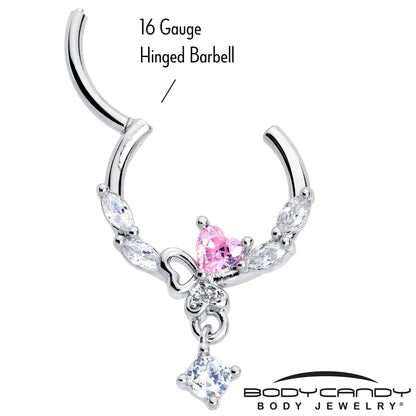 16G 3/8 Pink CZ Gem Butterfly Heart Dangle Hinged Segment Ring