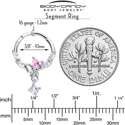 16G 3/8 Pink CZ Gem Butterfly Heart Dangle Hinged Segment Ring