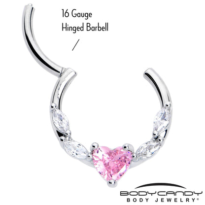 16G 3/8 Pink Clear CZ Gem Simply Heart Hinged Segment Ring