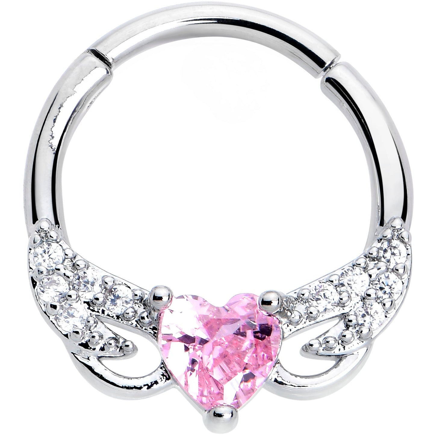16G 3/8 Pink Clear CZ Gem Flying Heart Hinged Segment Ring