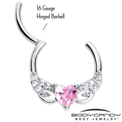 16G 3/8 Pink Clear CZ Gem Flying Heart Hinged Segment Ring