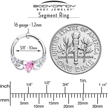 16G 3/8 Pink Clear CZ Gem Flying Heart Hinged Segment Ring