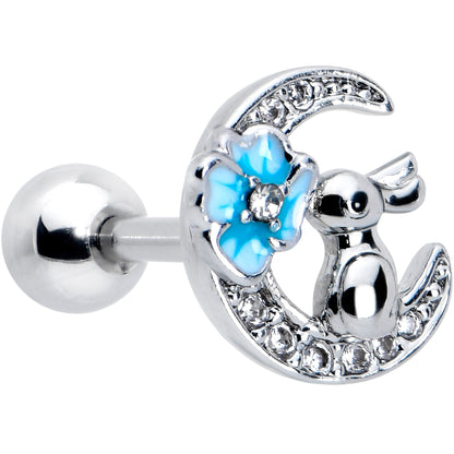 16G 1/4 Clear CZ Gem Rabbit On The Moon Blue Cartilage Earring