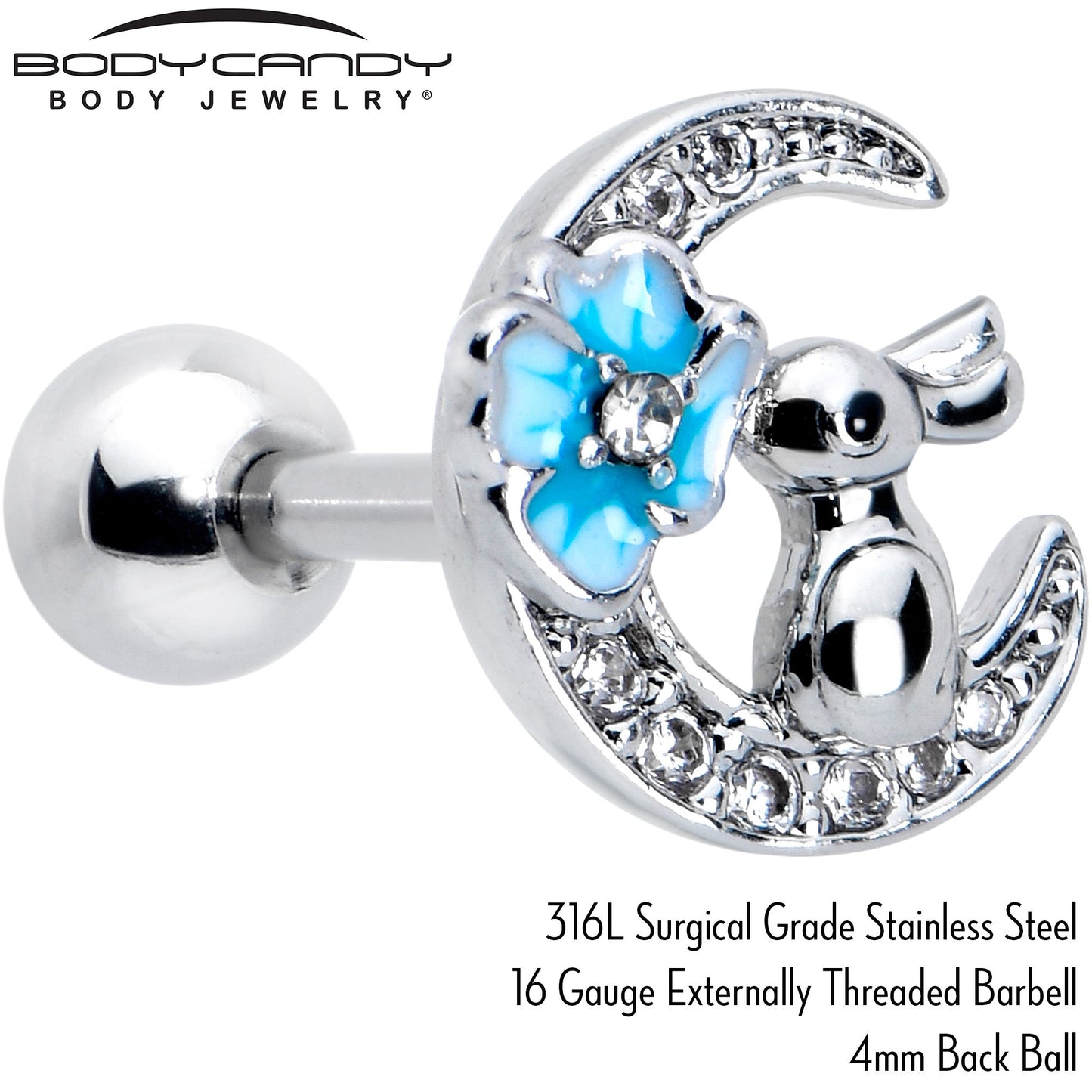 16G 1/4 Clear CZ Gem Rabbit On The Moon Blue Cartilage Earring