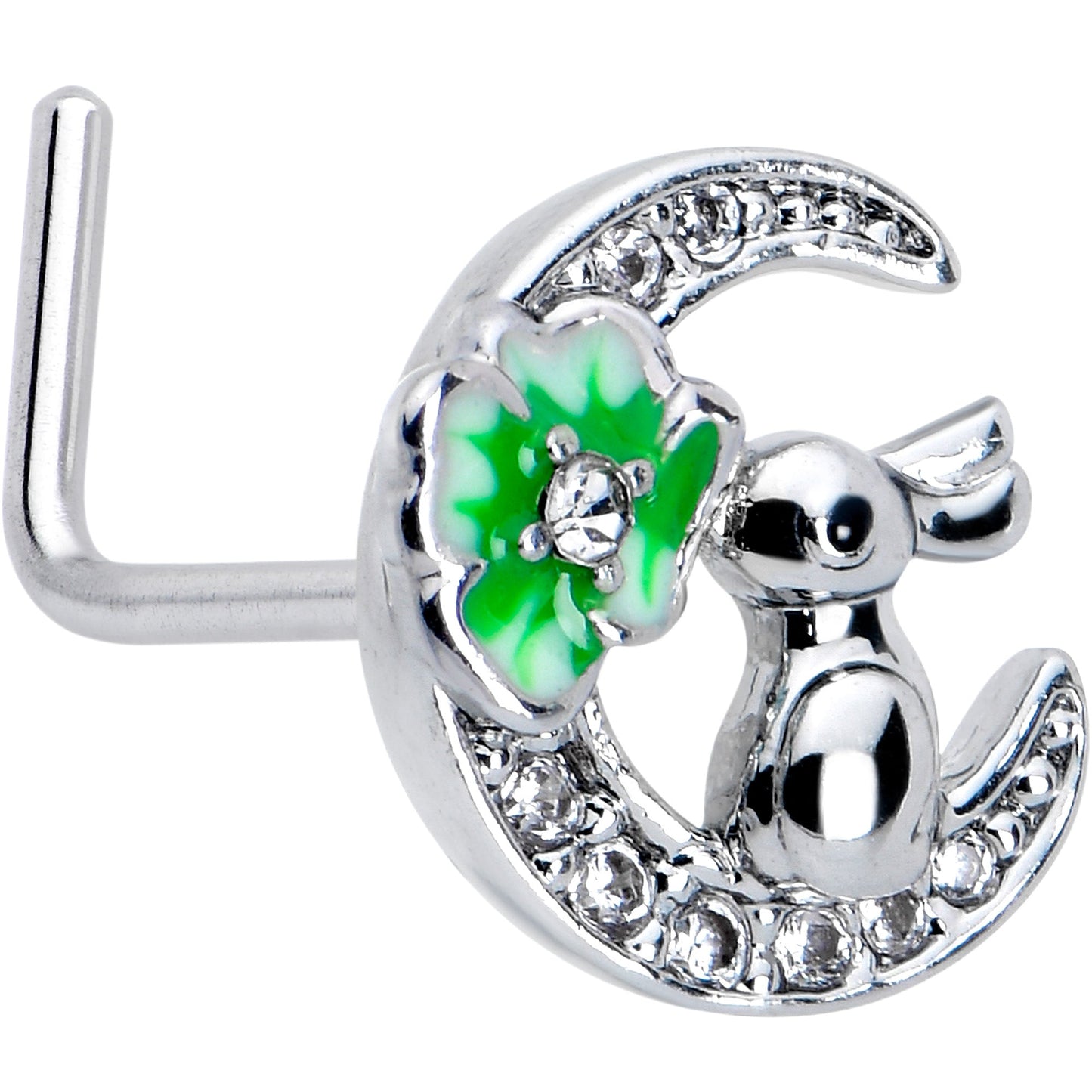 20G 7mm Clear CZ Gem Rabbit On The Moon Green L Shape Nose Ring
