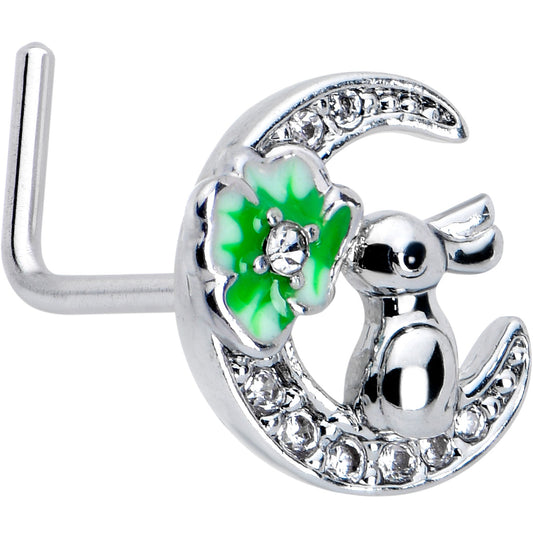 20G 7mm Clear CZ Gem Rabbit On The Moon Green L Shape Nose Ring