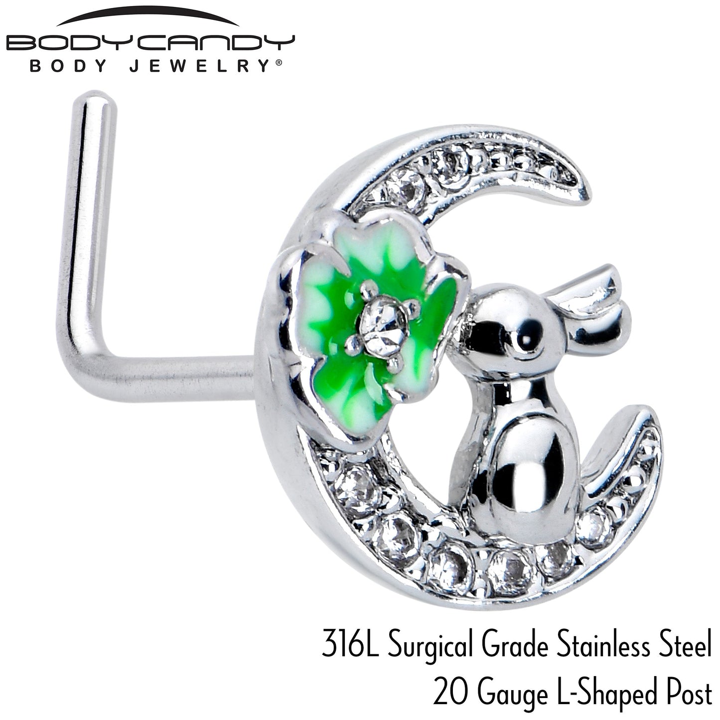 20G 7mm Clear CZ Gem Rabbit On The Moon Green L Shape Nose Ring