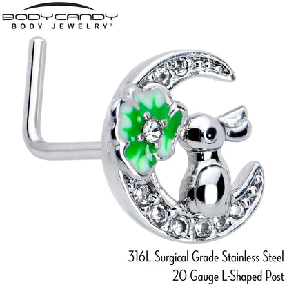 20G 7mm Clear CZ Gem Rabbit On The Moon Green L Shape Nose Ring