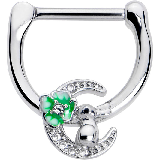 16G 5/16 Clear CZ Gem Rabbit On The Moon Green Cartilage Clicker