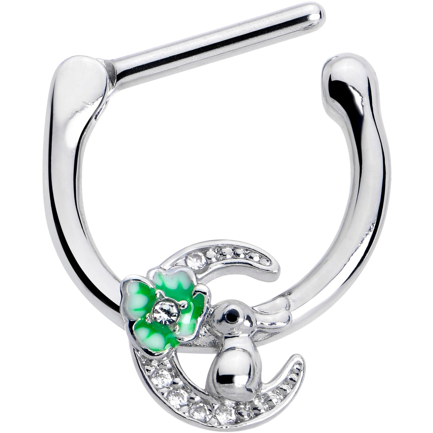 16G 5/16 Clear CZ Gem Rabbit On The Moon Green Cartilage Clicker