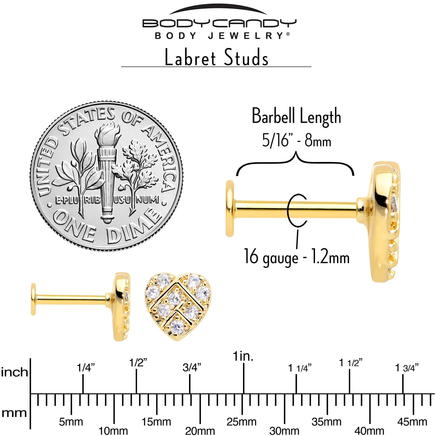 16G 5/16 Clear Gem Gold Hue Lattice Heart Internally Threaded Labret