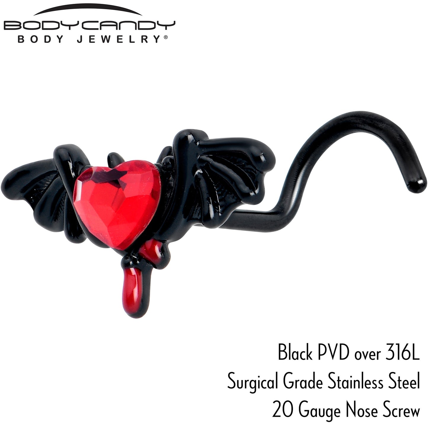 20G 7mm Red Gem Black Bleeding Heart Bat Left Side Nose Screw