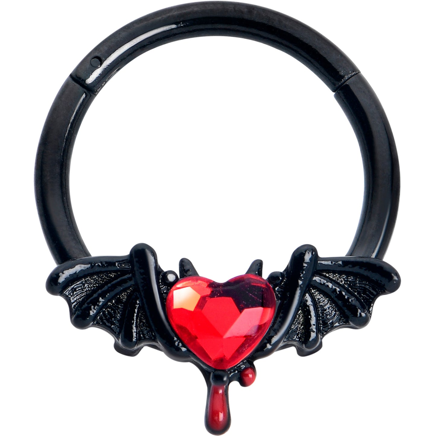 16G 3/8 Red Gem Black Bleeding Heart Bat Hinged Segment Ring