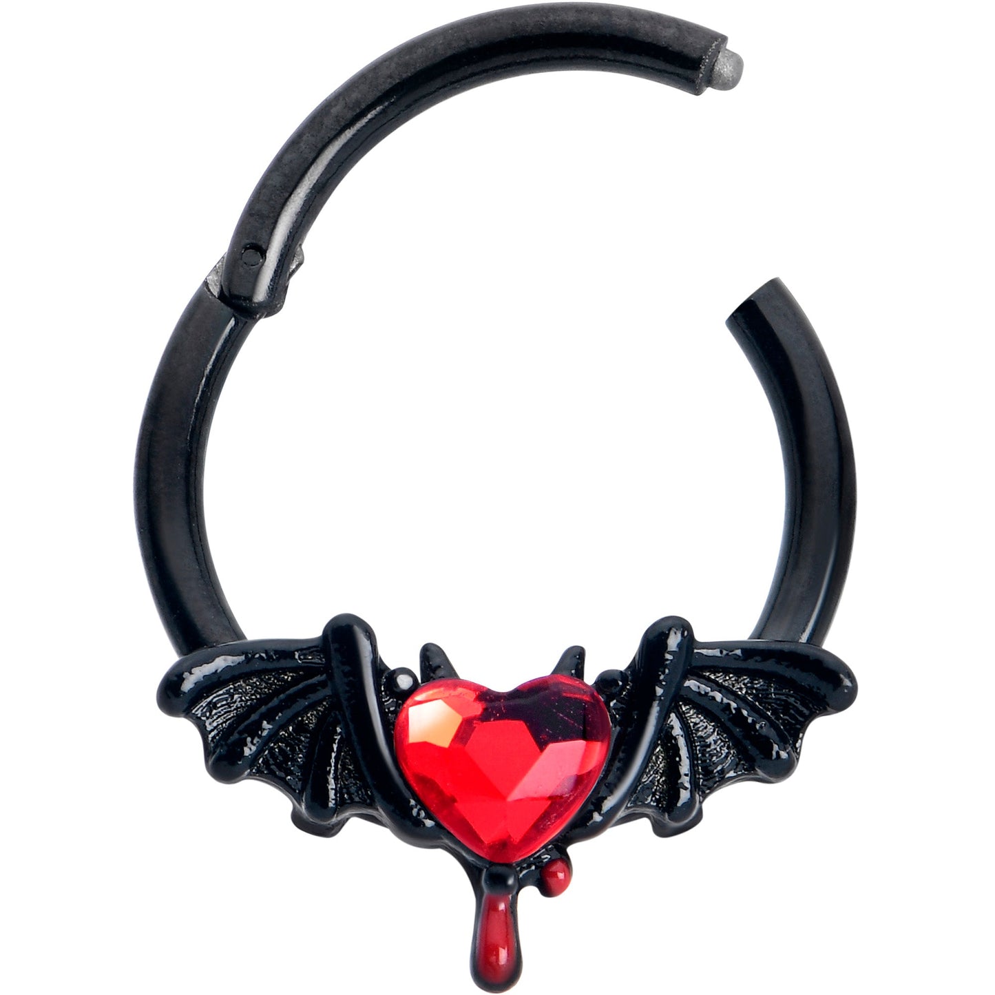 16G 3/8 Red Gem Black Bleeding Heart Bat Hinged Segment Ring
