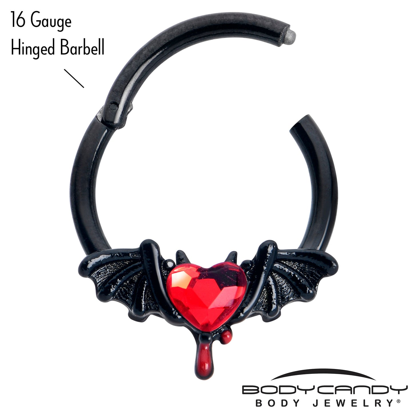 16G 3/8 Red Gem Black Bleeding Heart Bat Hinged Segment Ring