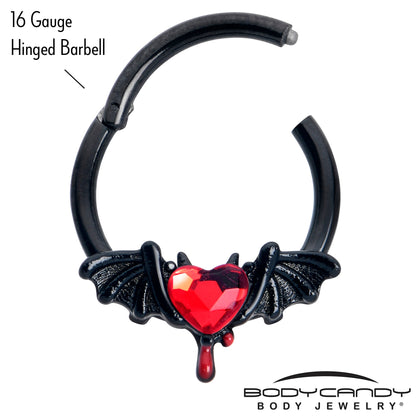 16G 3/8 Red Gem Black Bleeding Heart Bat Hinged Segment Ring