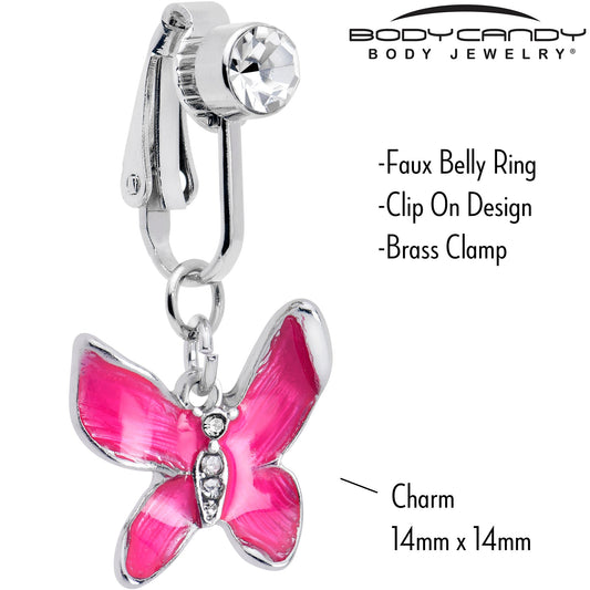 Clear Gem Chunky Butterfly Pink Clip On Fake Belly Ring