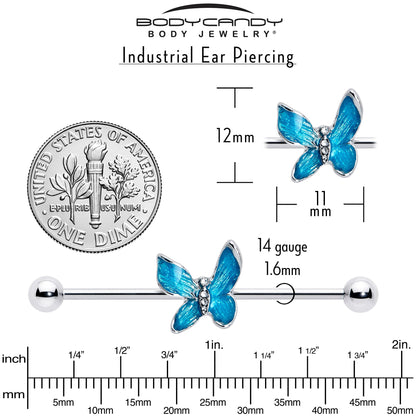 14G Clear Gem Chunky Butterfly Blue Industrial Barbell 38mm