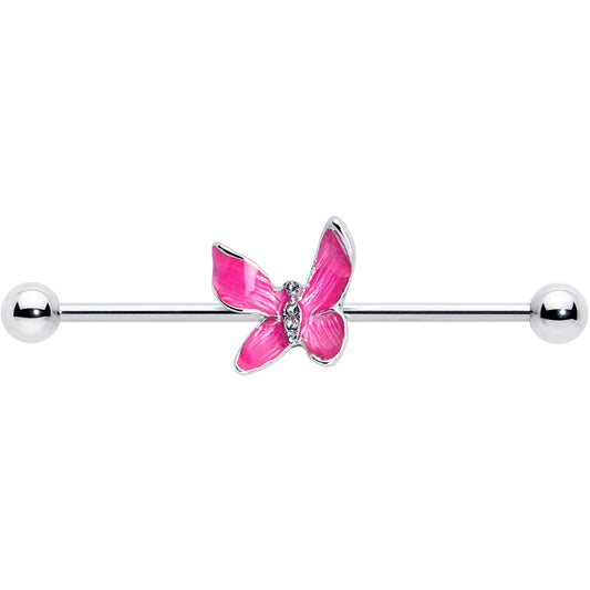 14G Clear Gem Chunky Butterfly Pink Industrial Barbell 38mm