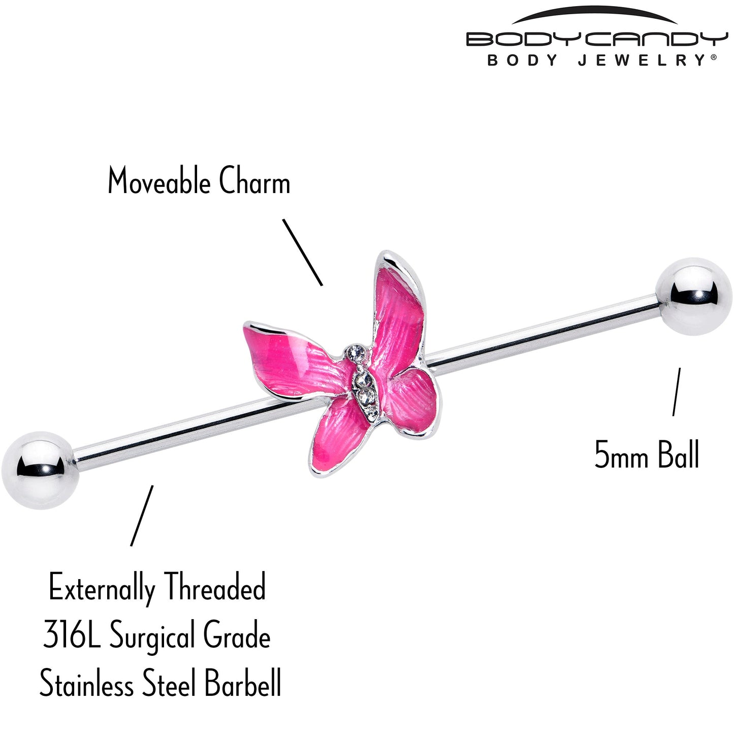 14G Clear Gem Chunky Butterfly Pink Industrial Barbell 38mm