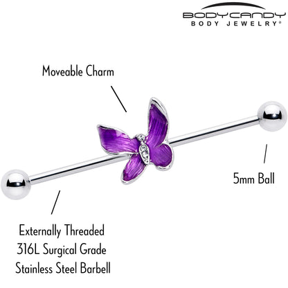 14G Clear Gem Chunky Butterfly Purple Industrial Barbell 38mm