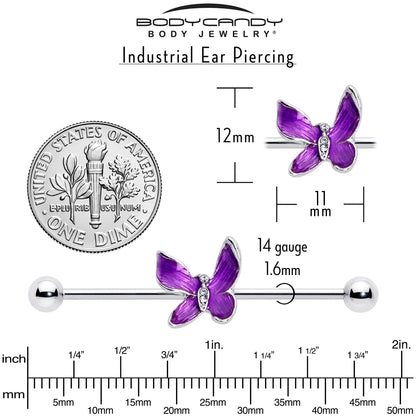 14G Clear Gem Chunky Butterfly Purple Industrial Barbell 38mm