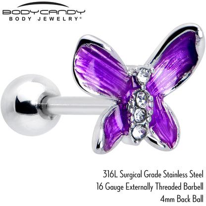 16G 1/4 Clear Gem Chunky Butterfly Purple Cartilage Tragus Earring
