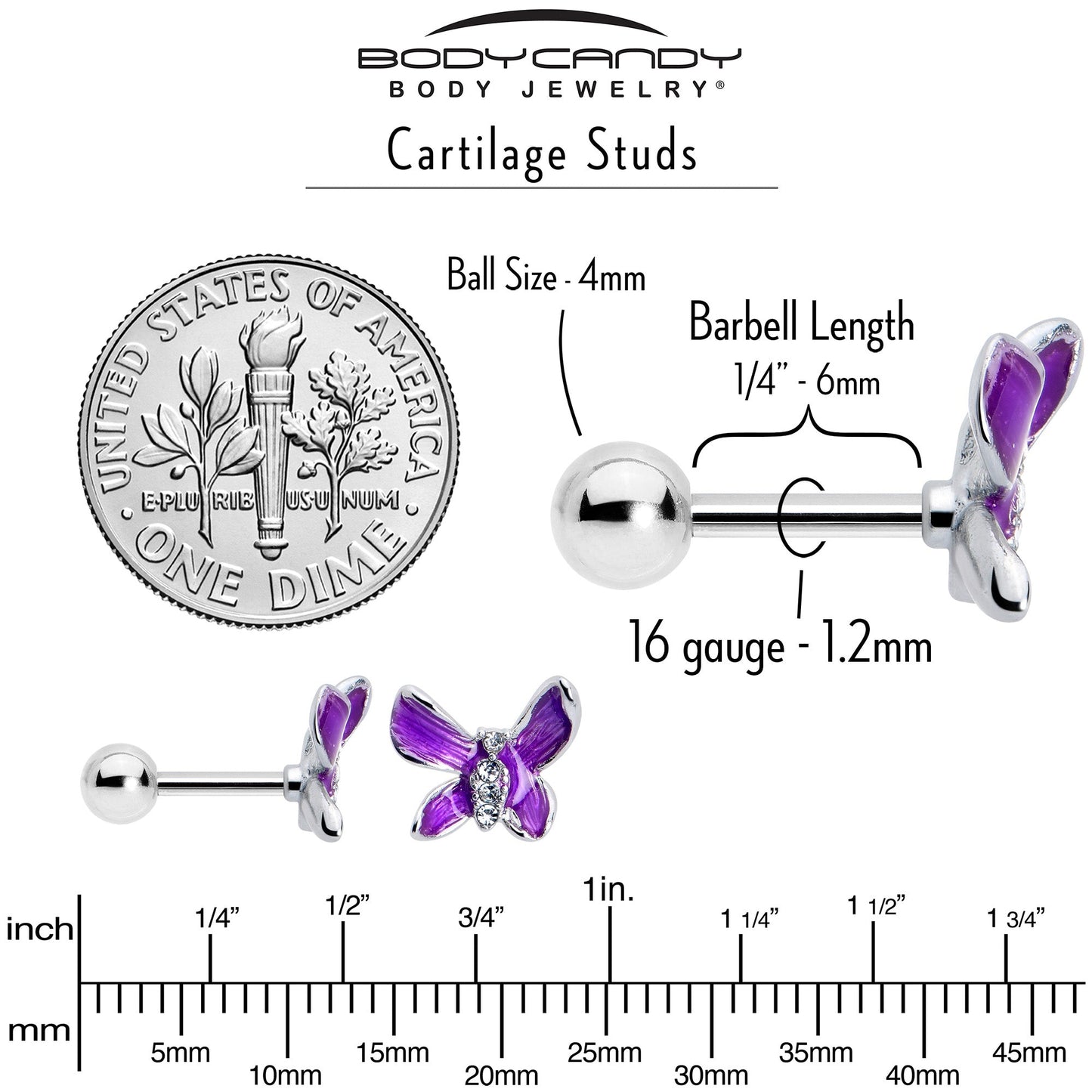 16G 1/4 Clear Gem Chunky Butterfly Purple Cartilage Tragus Earring