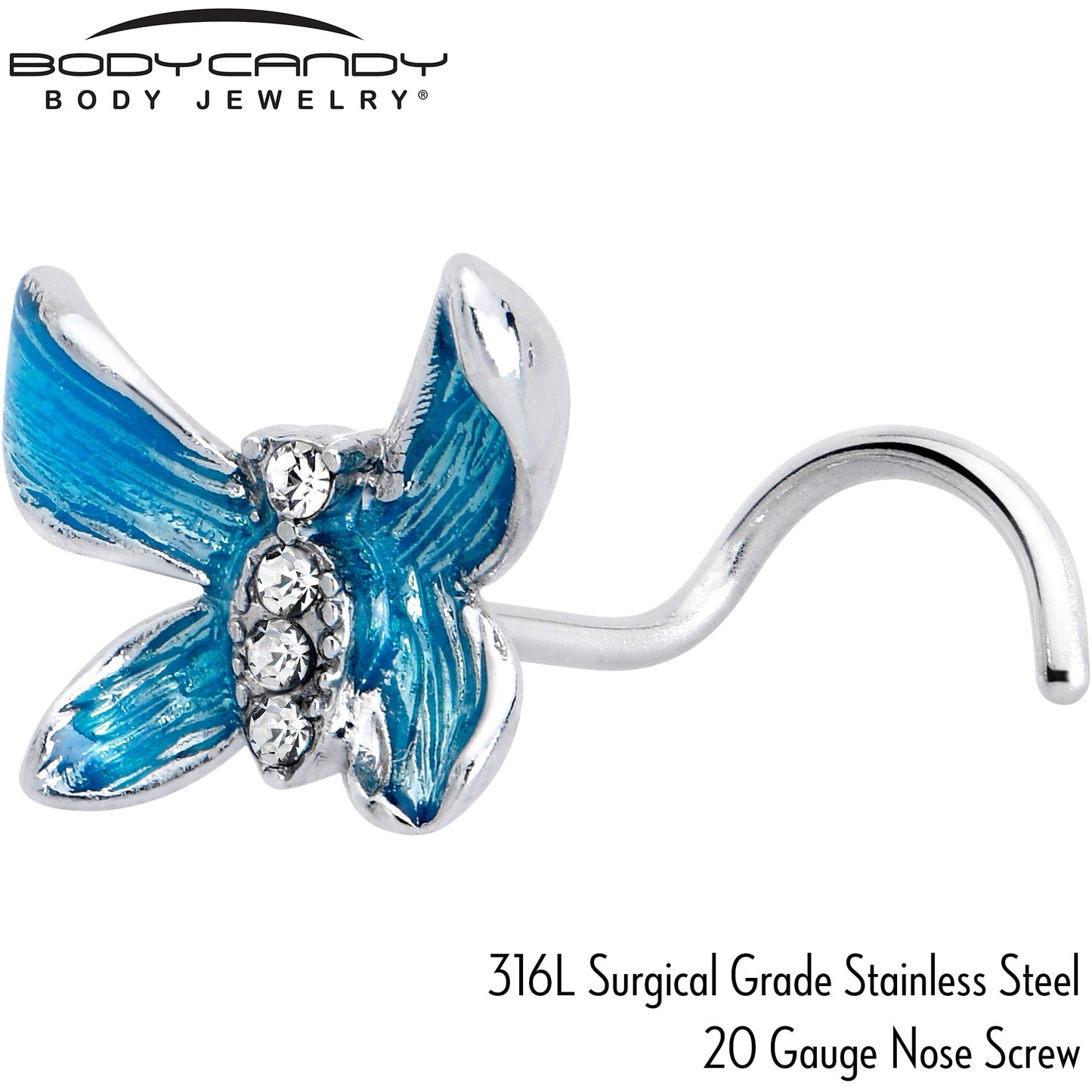 20G 7mm Clear Gem Chunky Butterfly Blue Left Side Nose Screw