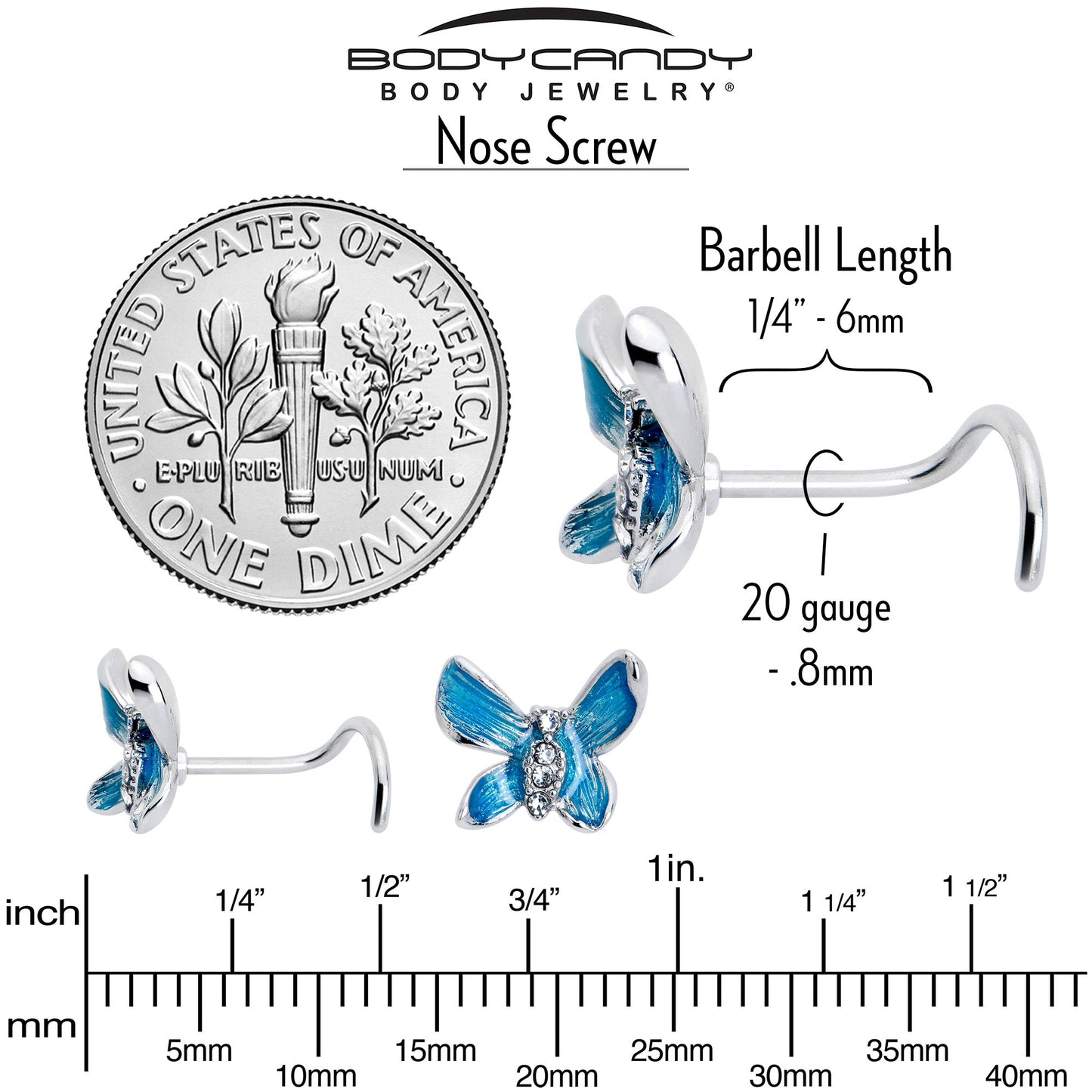 20G 7mm Clear Gem Chunky Butterfly Blue Left Side Nose Screw