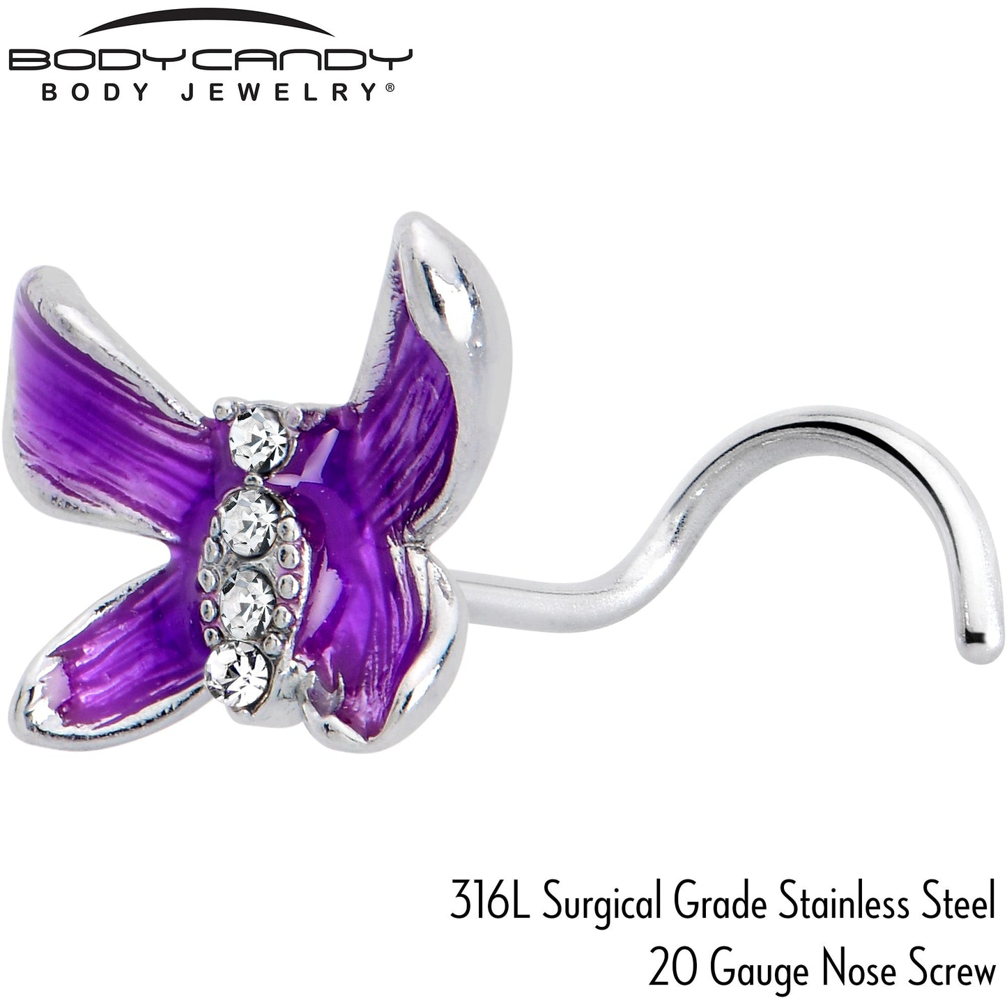 20G 7mm Clear Gem Chunky Butterfly Purple Left Side Nose Screw