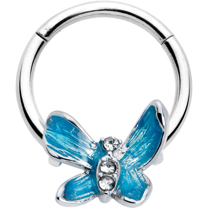 16G 3/8 Clear Gem Chunky Butterfly Blue Hinged Segment Ring