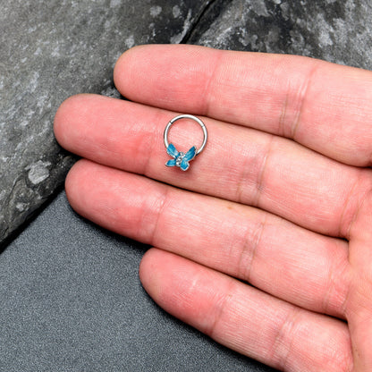 16G 3/8 Clear Gem Chunky Butterfly Blue Hinged Segment Ring