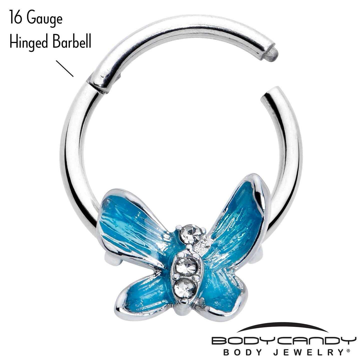 16G 3/8 Clear Gem Chunky Butterfly Blue Hinged Segment Ring