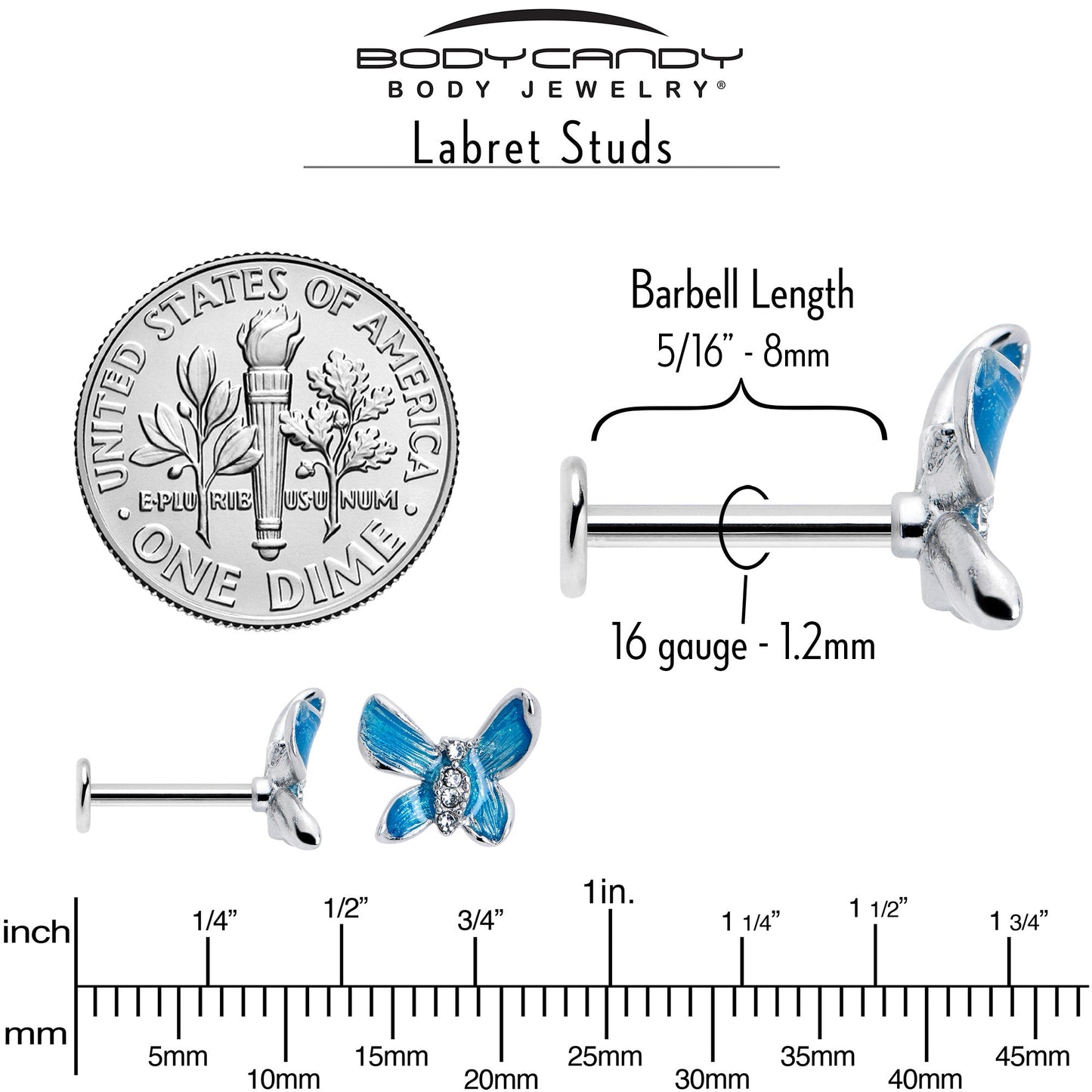 16G 5/16 Clear Gem Chunky Butterfly Blue Labret Monroe Tragus