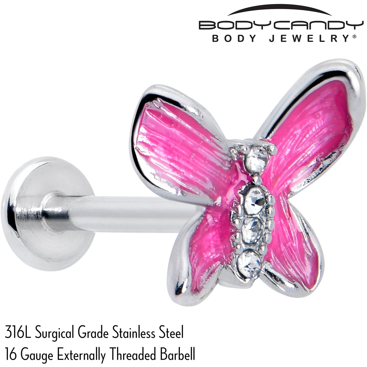 16G 5/16 Clear Gem Chunky Butterfly Pink Labret Monroe Tragus