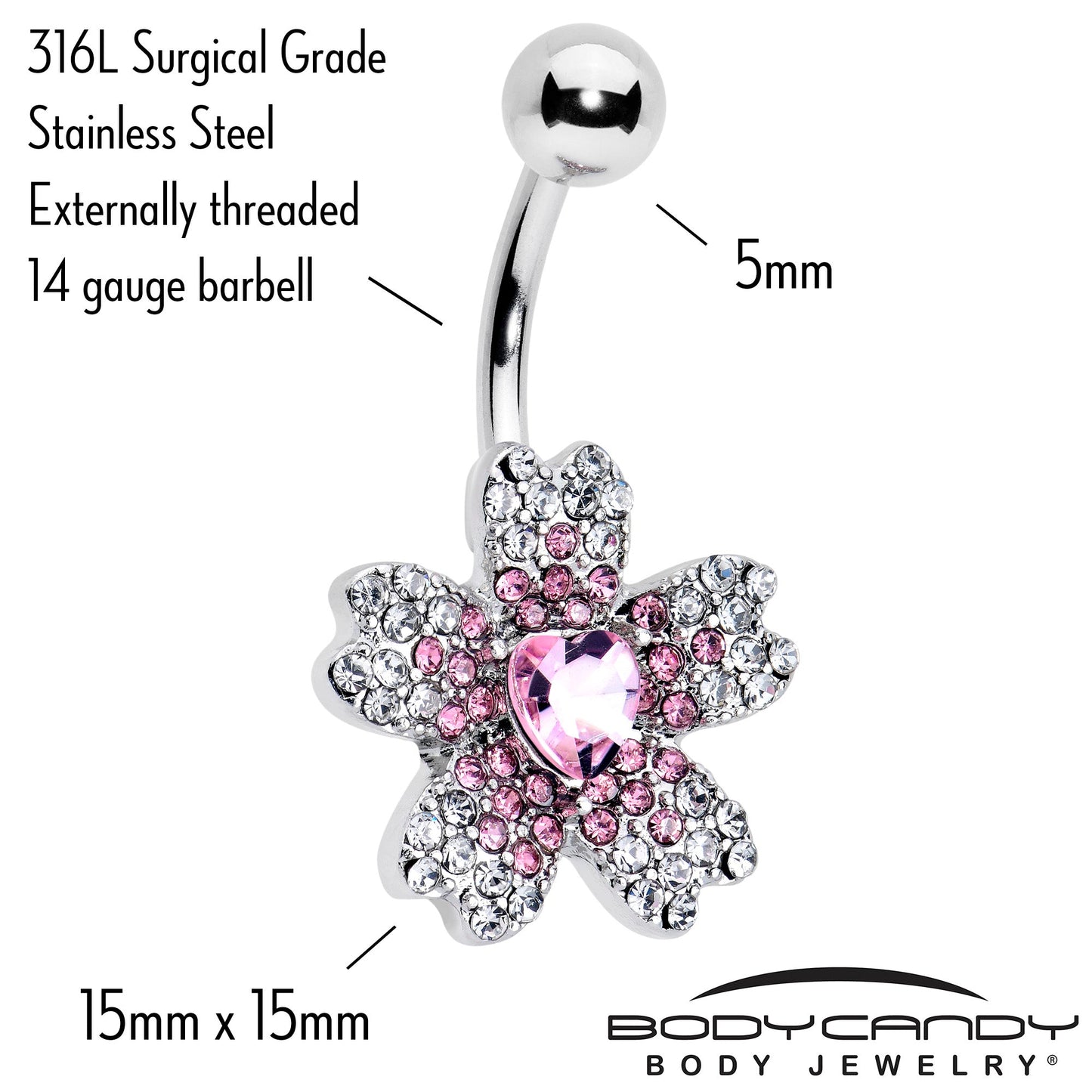 Clear Pink Gem Heart in Flower Belly Ring