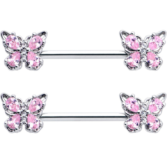 14G 9/16 Pink Gem Baroque Beauty Butterfly Barbell Nipple Ring Set