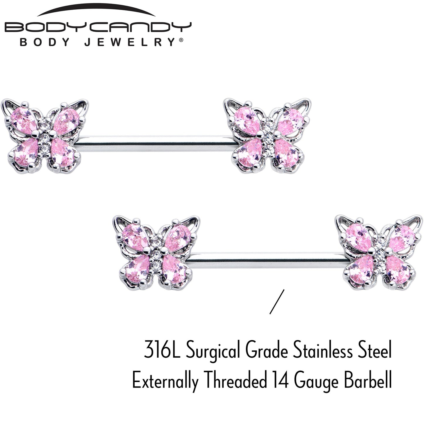 14G 9/16 Pink Gem Baroque Beauty Butterfly Barbell Nipple Ring Set