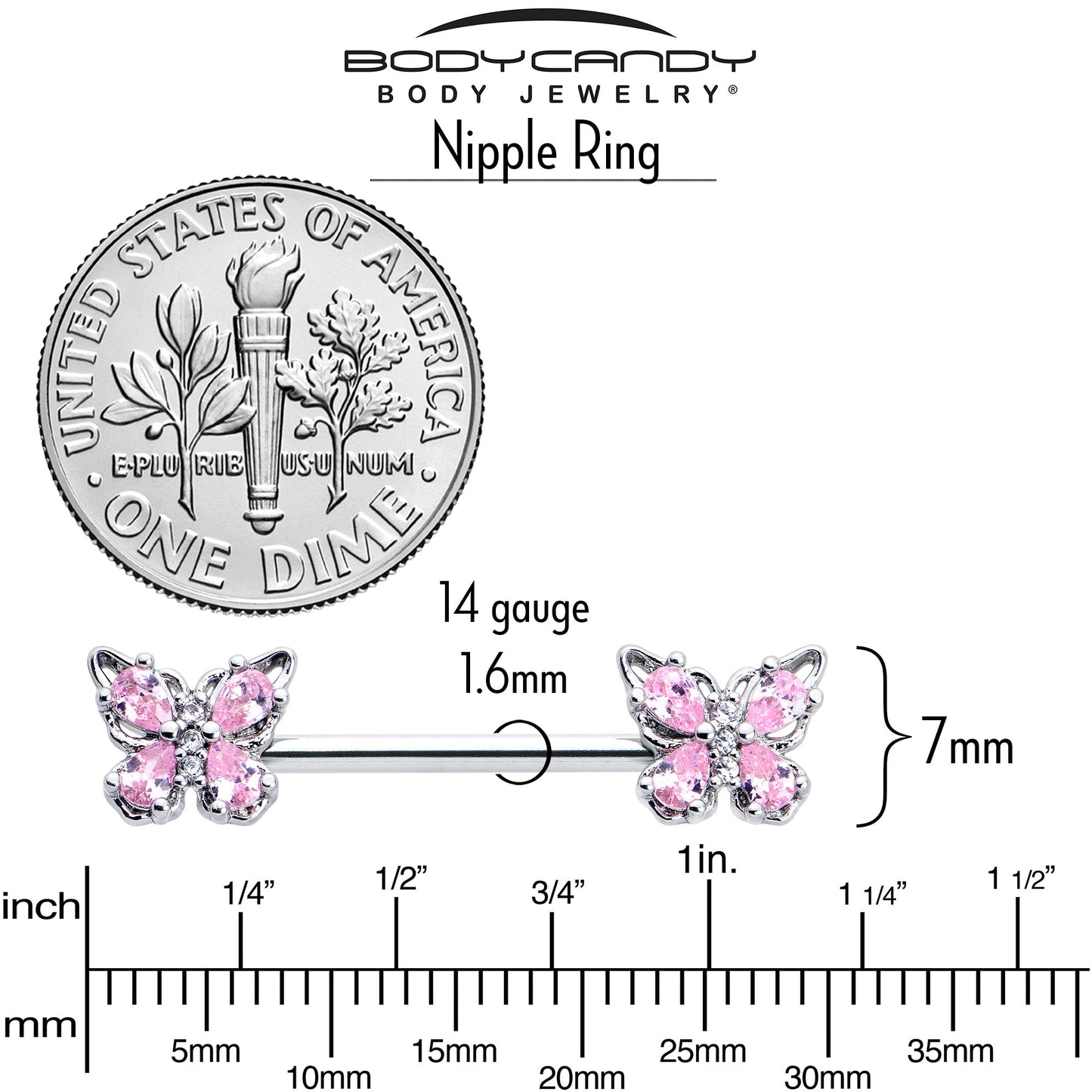 14G 9/16 Pink Gem Baroque Beauty Butterfly Barbell Nipple Ring Set