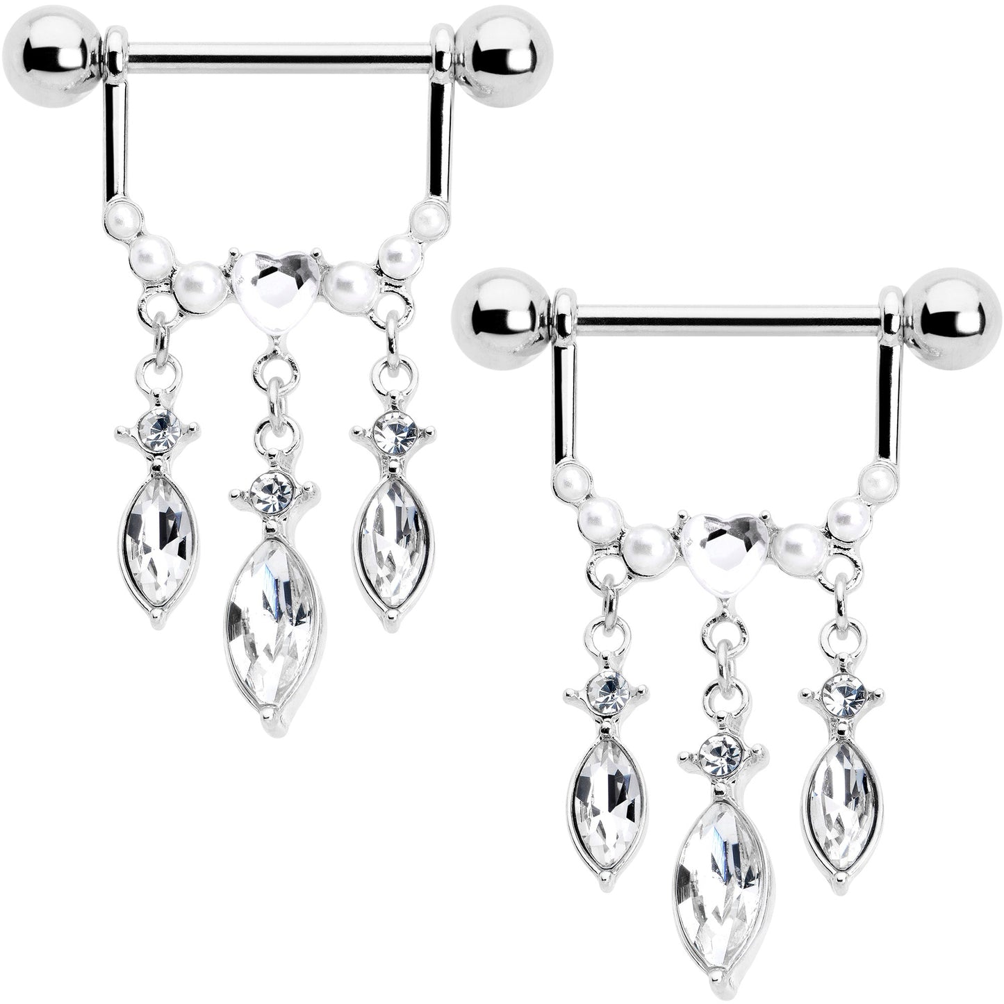 14G 9/16 Clear Gem Heart Triple Drop Dangle Nipple Ring Set