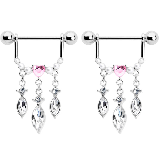 14G 9/16 Pink Gem Heart Triple Drop Dangle Nipple Ring Set