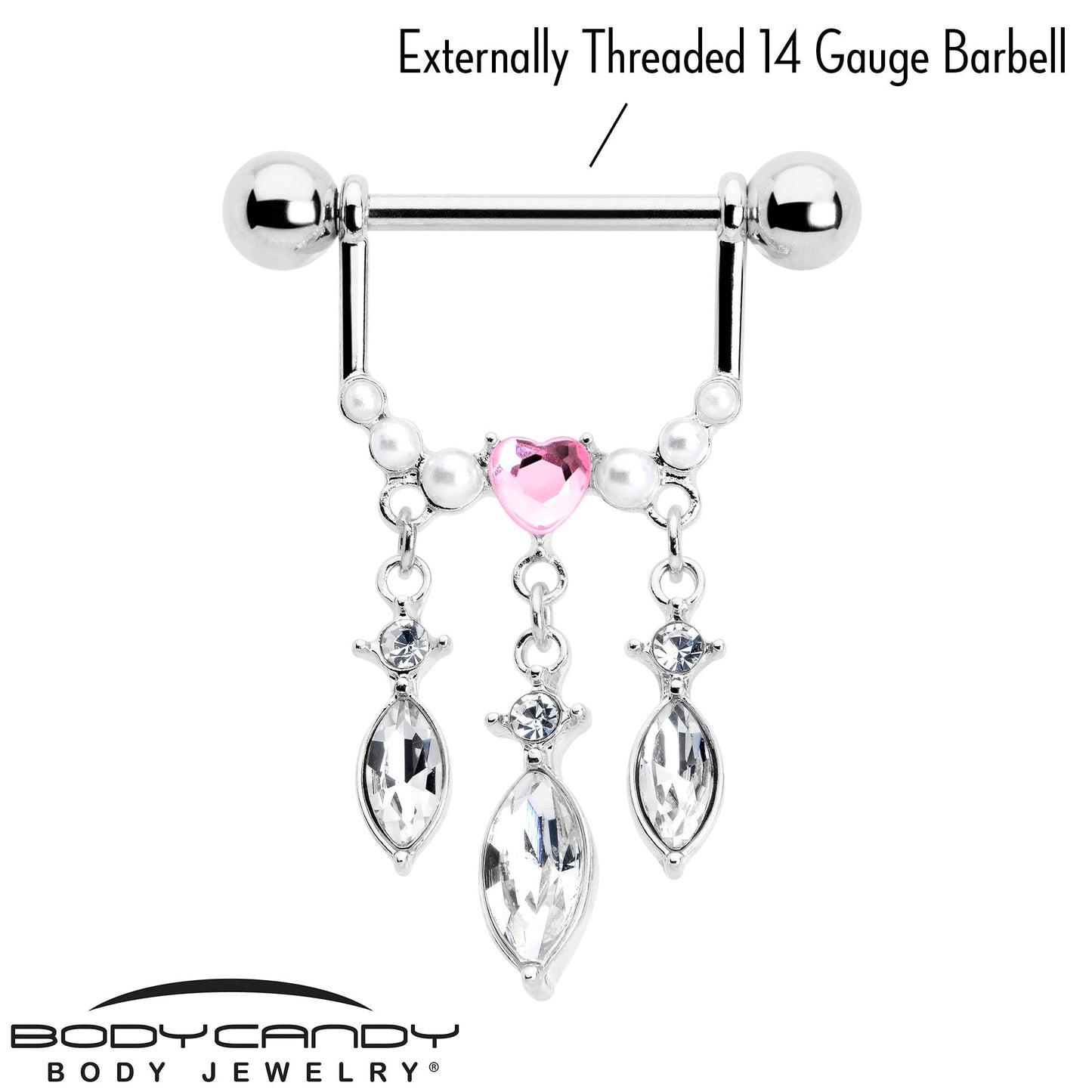 14G 9/16 Pink Gem Heart Triple Drop Dangle Nipple Ring Set