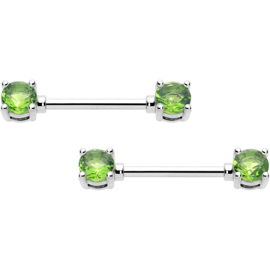 14G 9/16 Green CZ Gem August Birthstone Nipple Ring Set