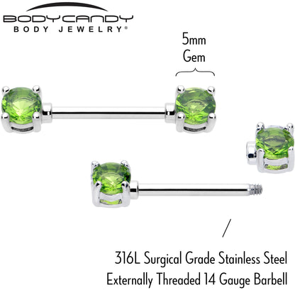 14G 9/16 Green CZ Gem August Birthstone Nipple Ring Set