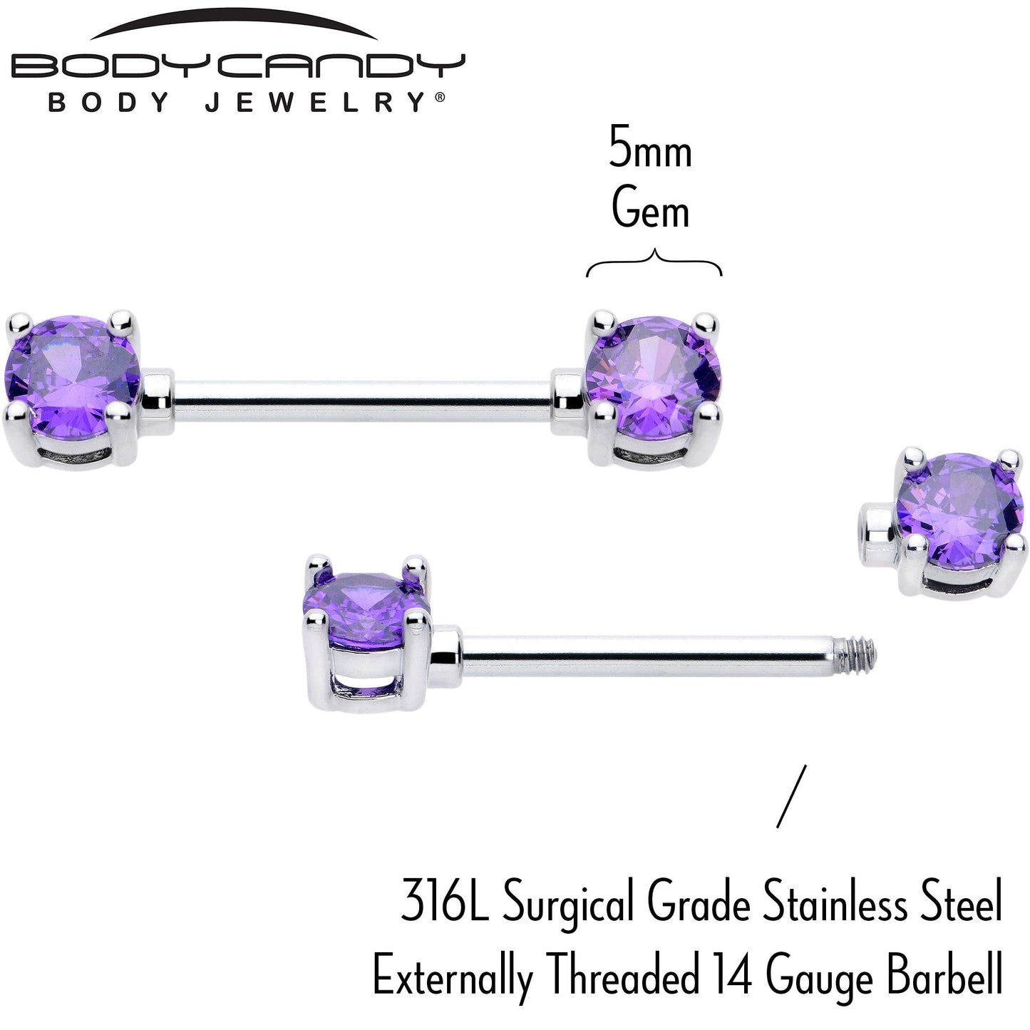 14G 9/16 Purple CZ Gem February Birthstone Nipple Ring Set
