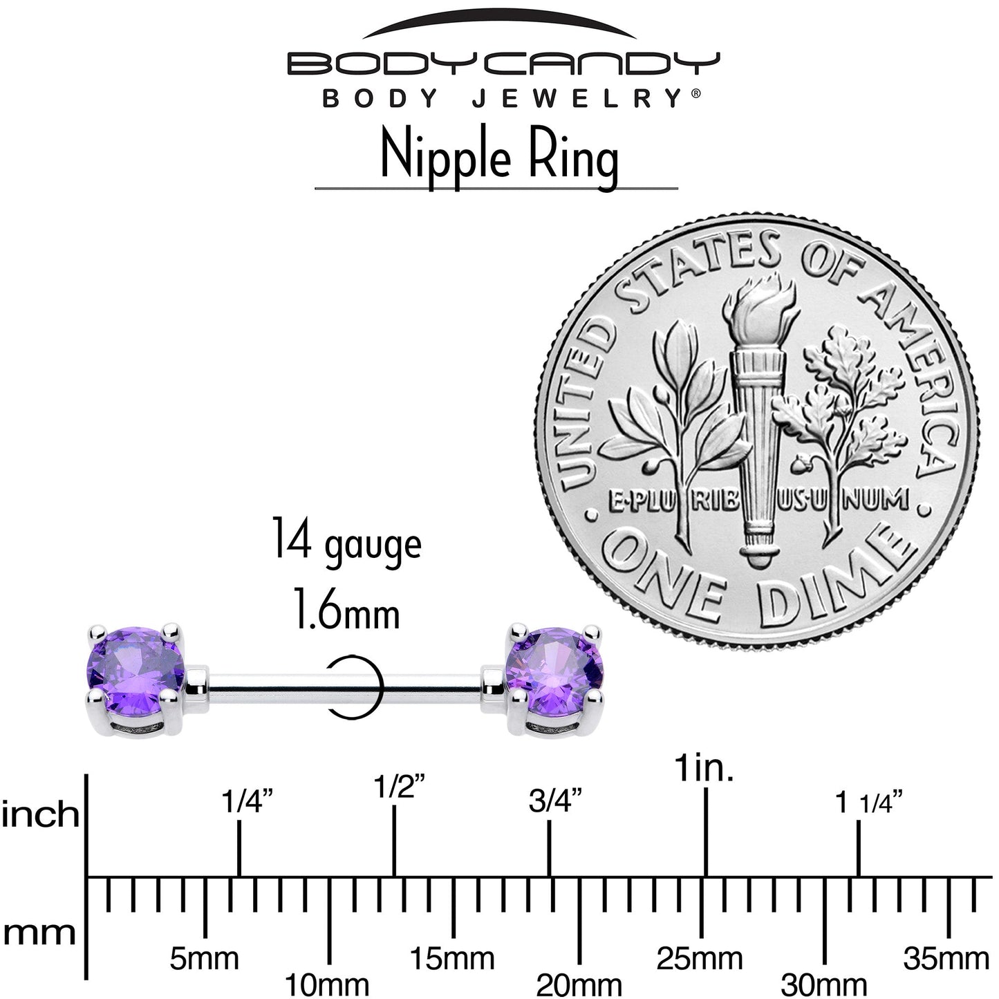 14G 9/16 Purple CZ Gem February Birthstone Nipple Ring Set
