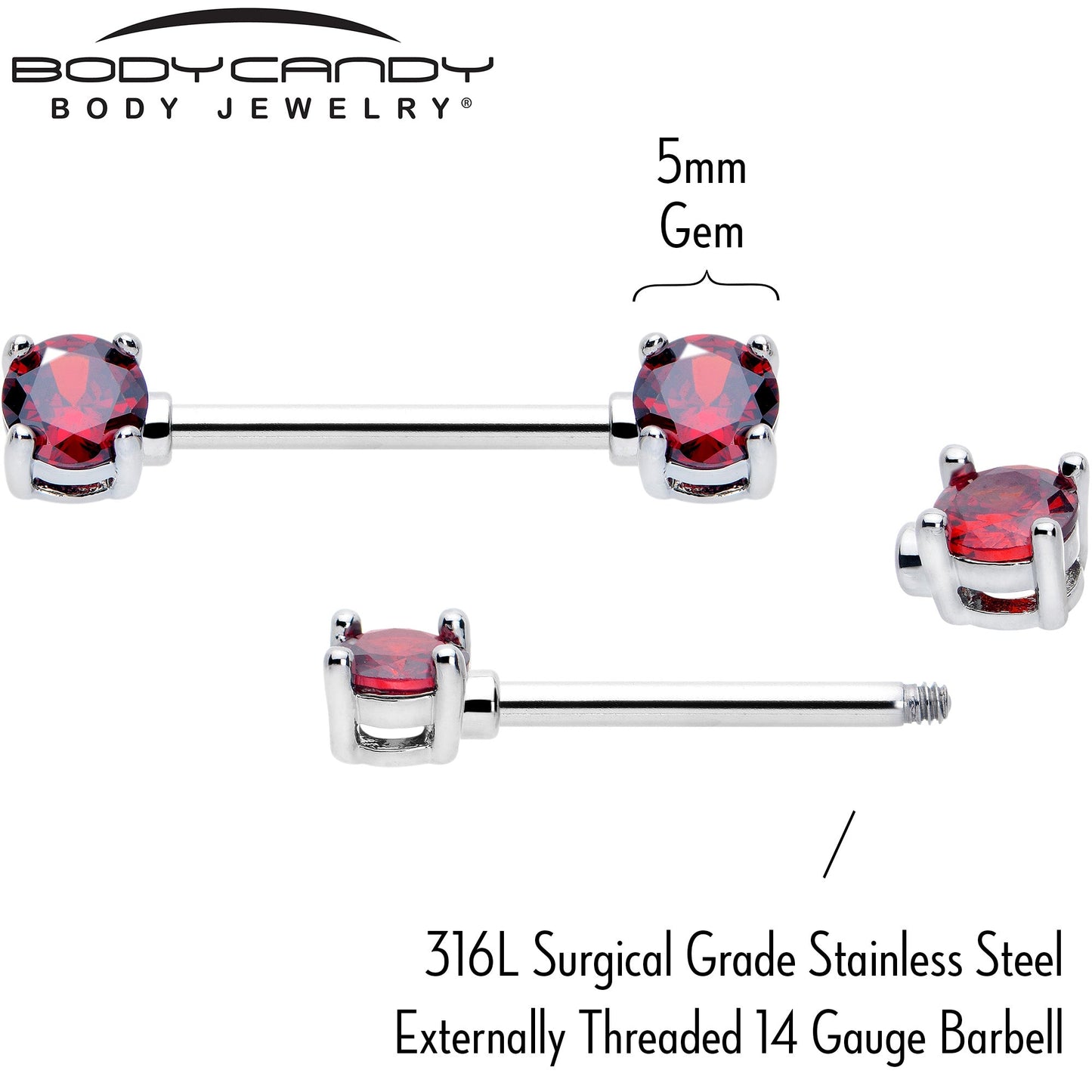 14G 9/16 Red CZ Gem July Birthstone Nipple Ring Set