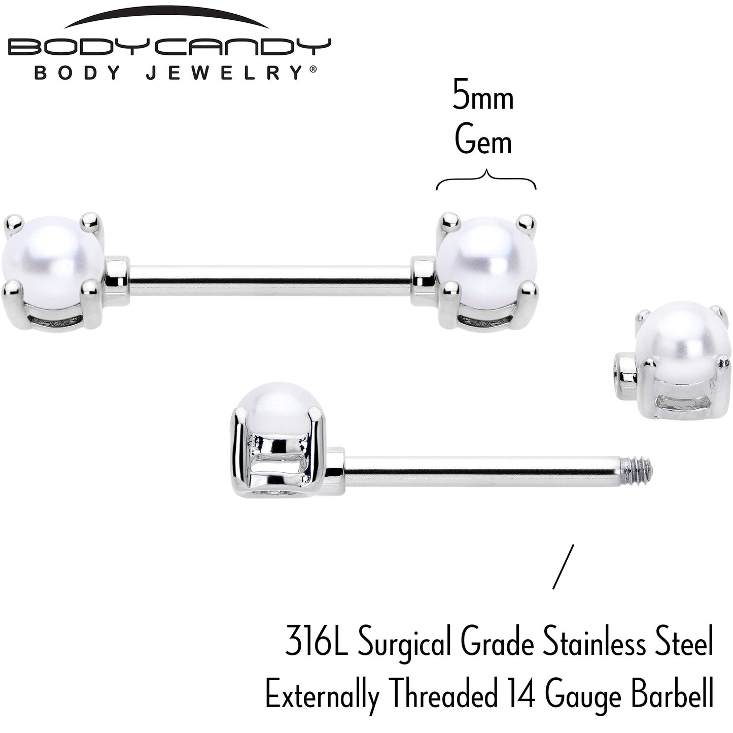 14G 9/16 White Faux Pearl June Birthstone Nipple Ring Set